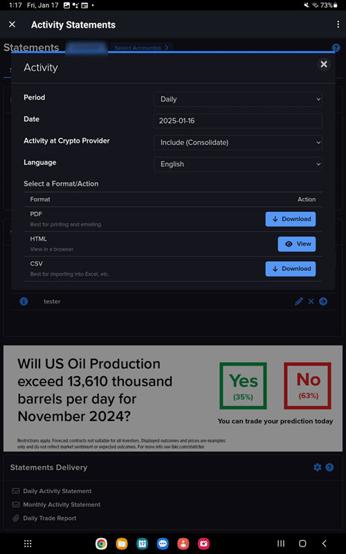 The activity statement on the Android Tablet